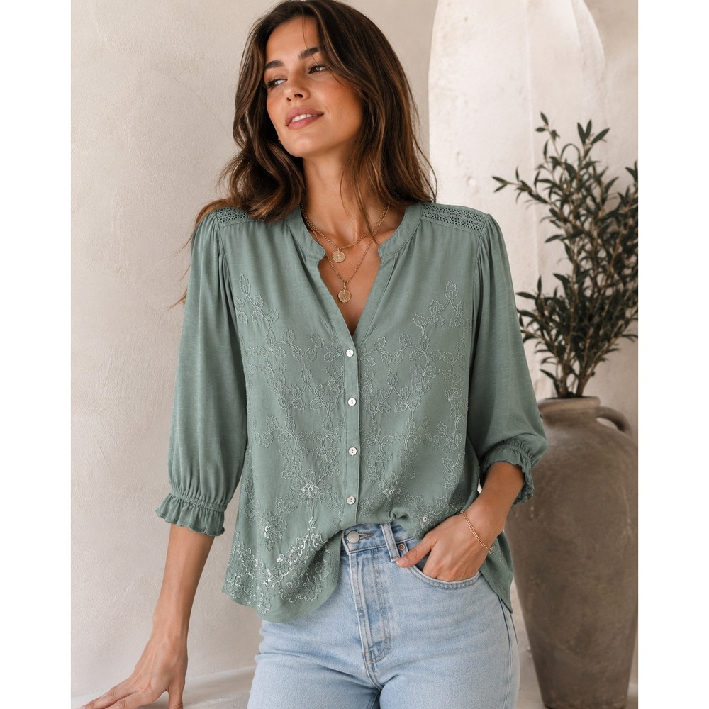 Sage Green Embroidered Boho Blouse 3/4 Sleeve Ruffle Cuff Button Front Top